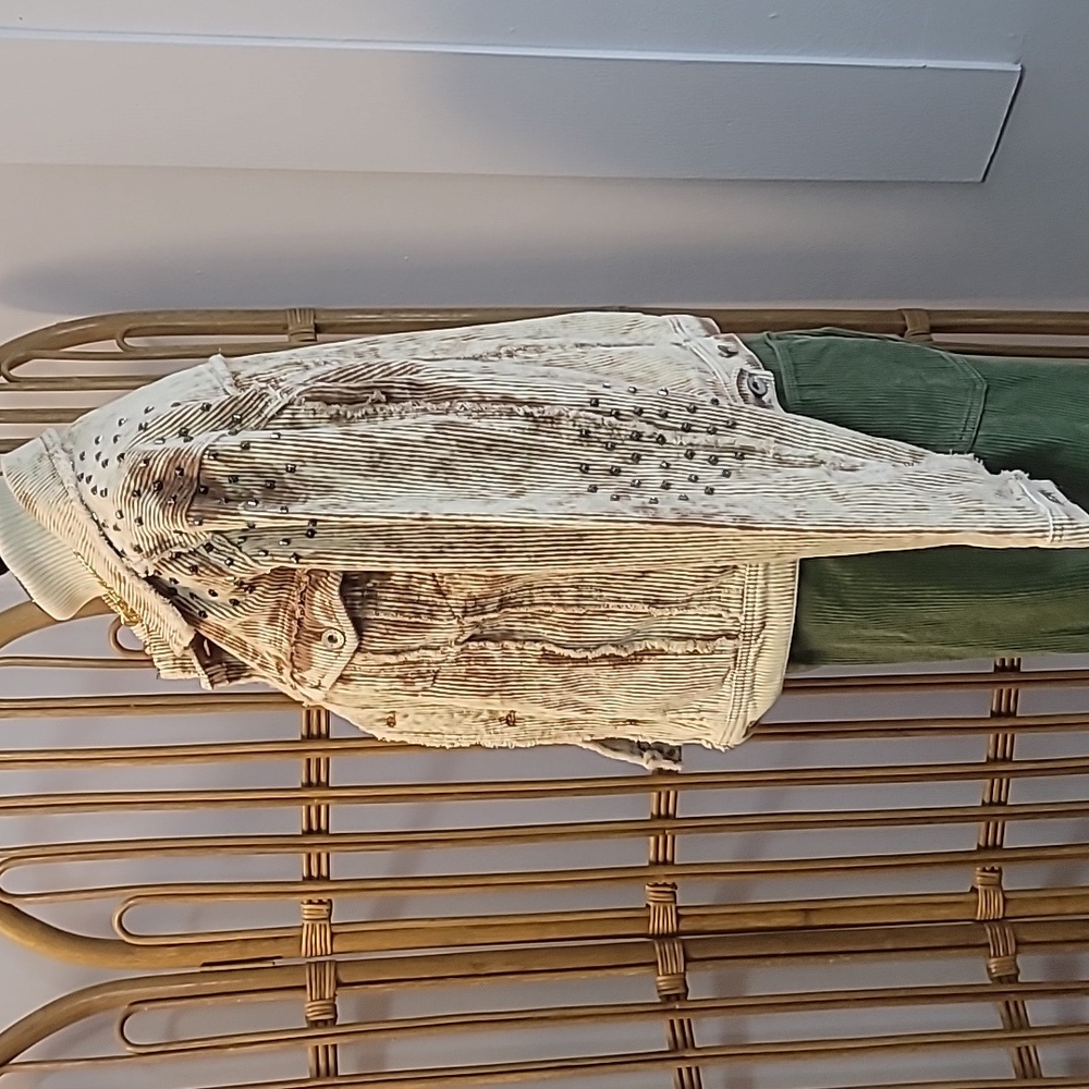POL Acid Wash Corduroy Studded Jacket Tan Cream Frayed Boho Grunge HFJ11 Large - Picture 11 of 16
